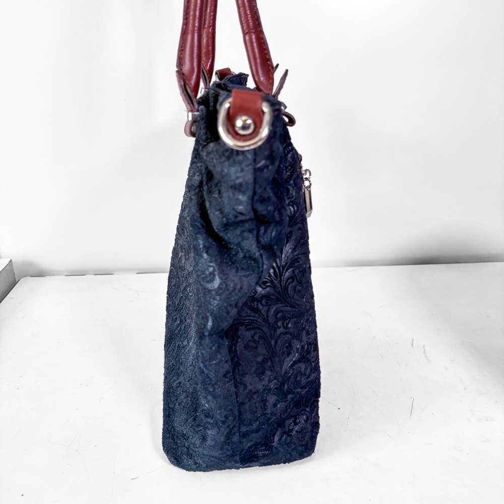 Borse in Pelle Navy Floral Embossed Suede Leather Tote Bag Made in Italy - Picture 5 of 12